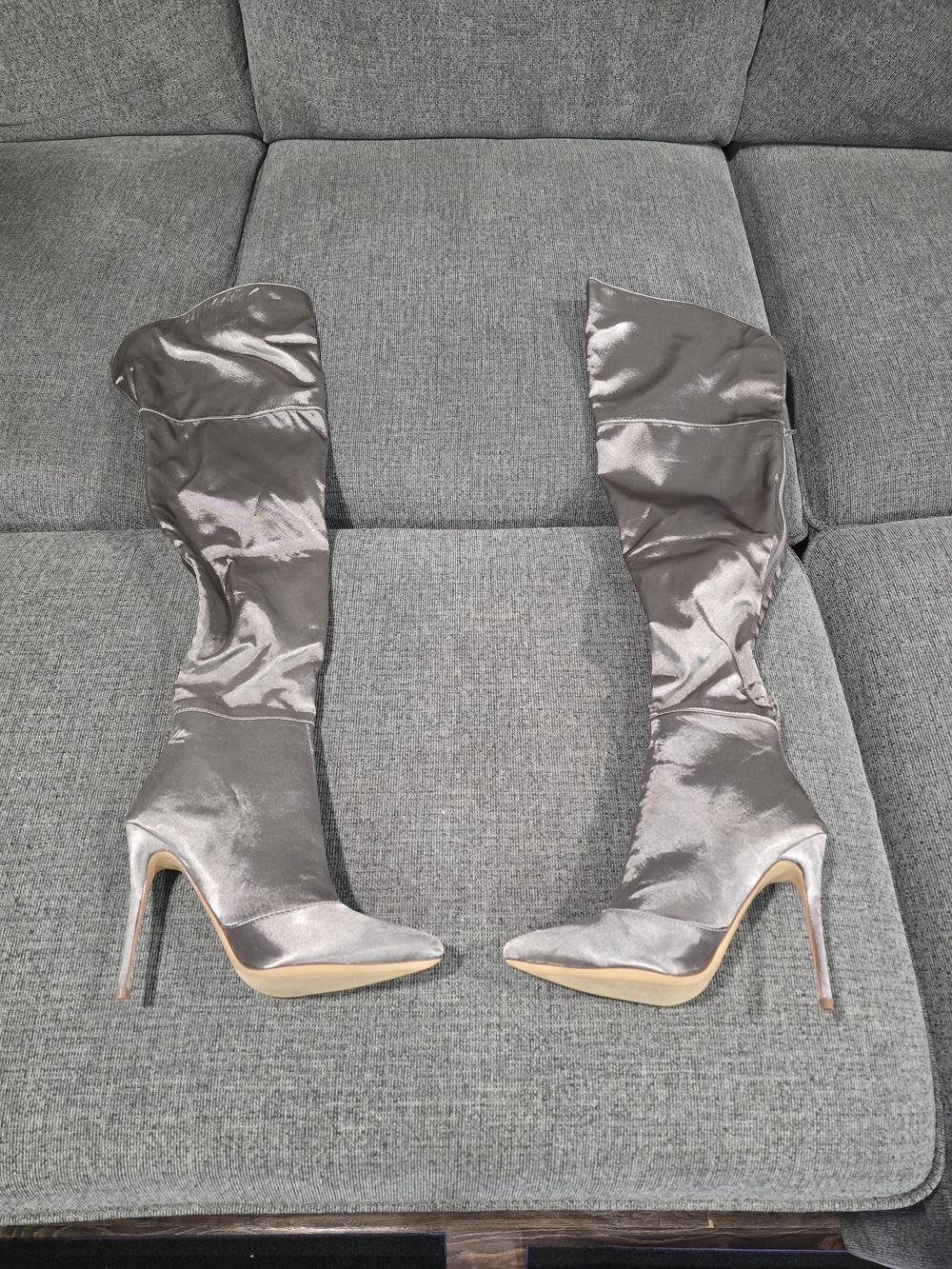 Over-the-Knee Satin Pointed Toe Stiletto Boots - Steel Gray